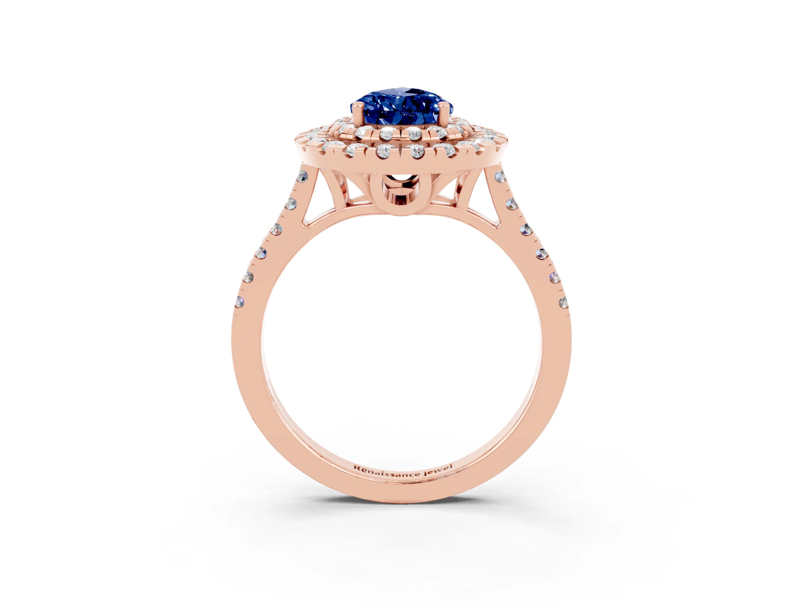 Rose gold Double Halo Pear Cut Blue Sapphire Pavé Band with Four-Prong Setting_3