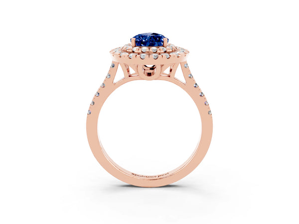 Rose gold Double Halo Pear Cut Blue Sapphire Pavé Band with Four-Prong Setting