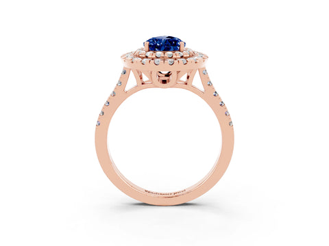 Rose gold Double Halo Pear Cut Blue Sapphire Pavé Band with Four-Prong Setting_3