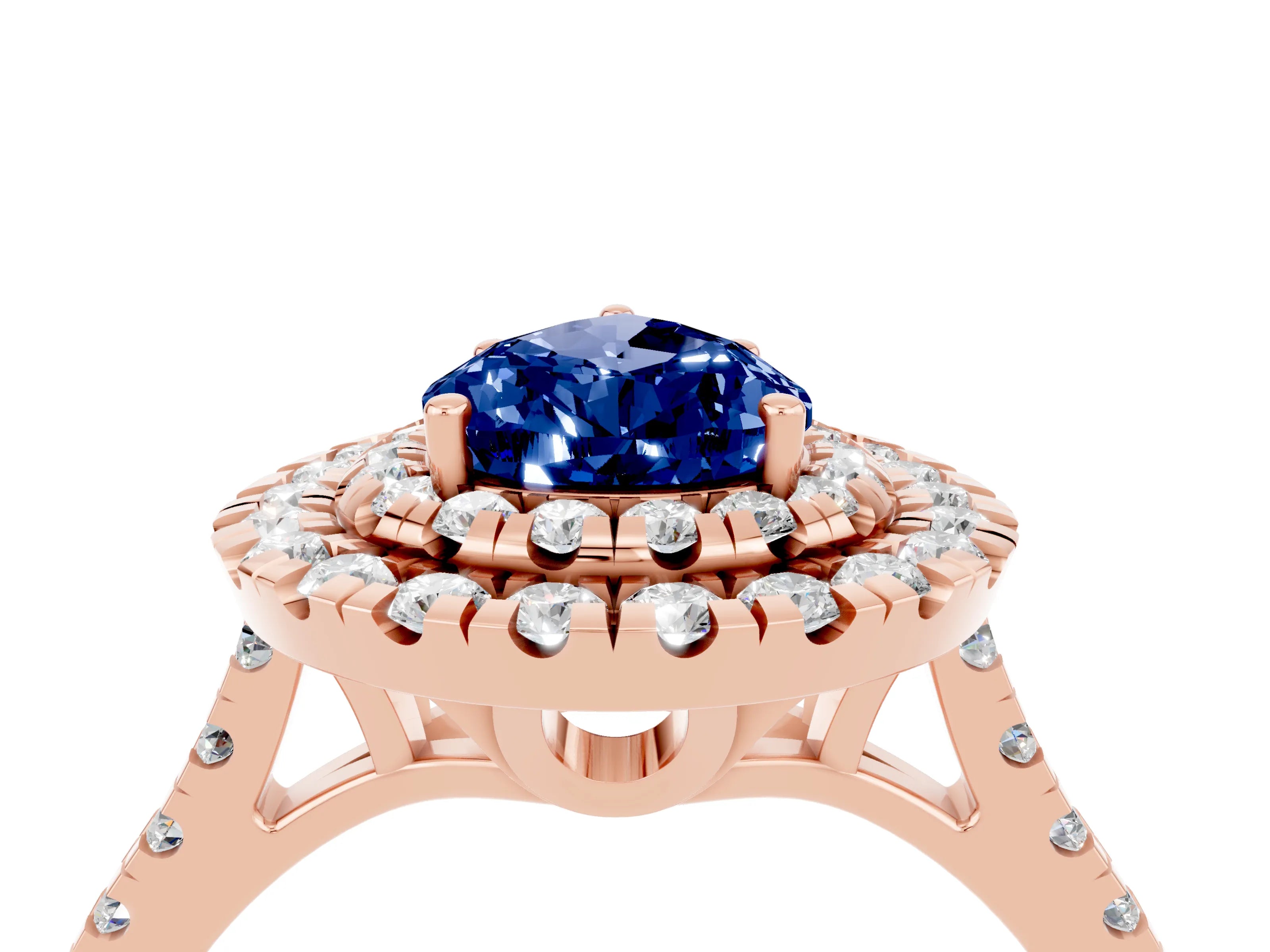 Rose gold Double Halo Pear Cut Blue Sapphire Pavé Band with Four-Prong Setting_4