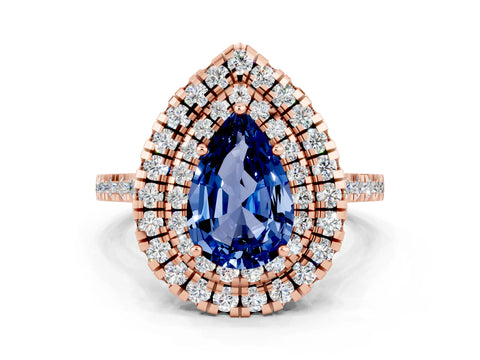 Rose gold Double Halo Pear Cut Blue Sapphire Pavé Band with Four-Prong Setting