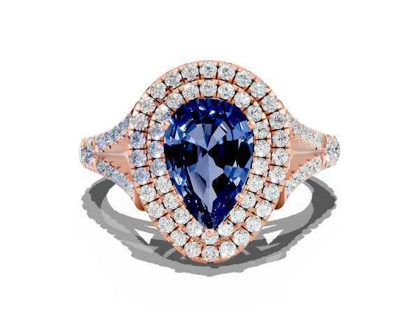 Rose gold Double Halo Pear Cut Blue Sapphire Pavé Split Shank Ring with Prong Setting