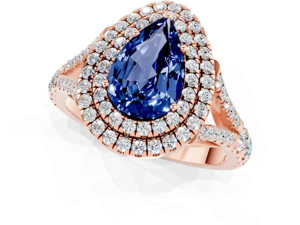Rose gold Double Halo Pear Cut Blue Sapphire Pavé Split Shank Ring with Prong Setting