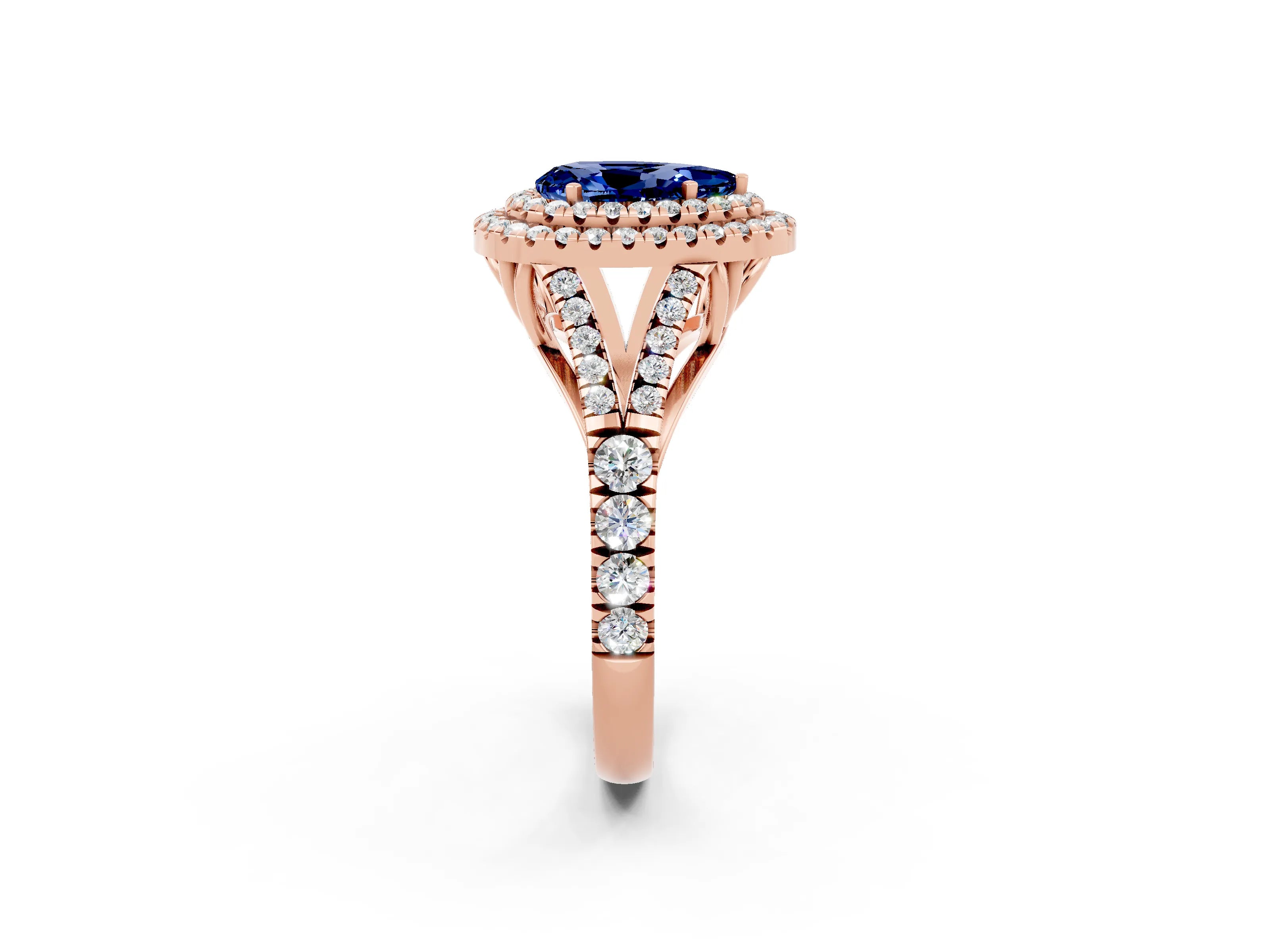 Rose gold Double Halo Pear Cut Blue Sapphire Pavé Split Shank Ring with Prong Setting_2