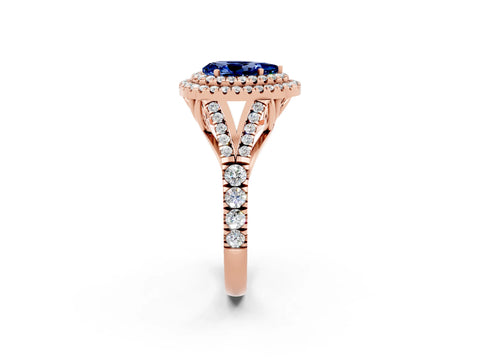 Rose gold Double Halo Pear Cut Blue Sapphire Pavé Split Shank Ring with Prong Setting_2