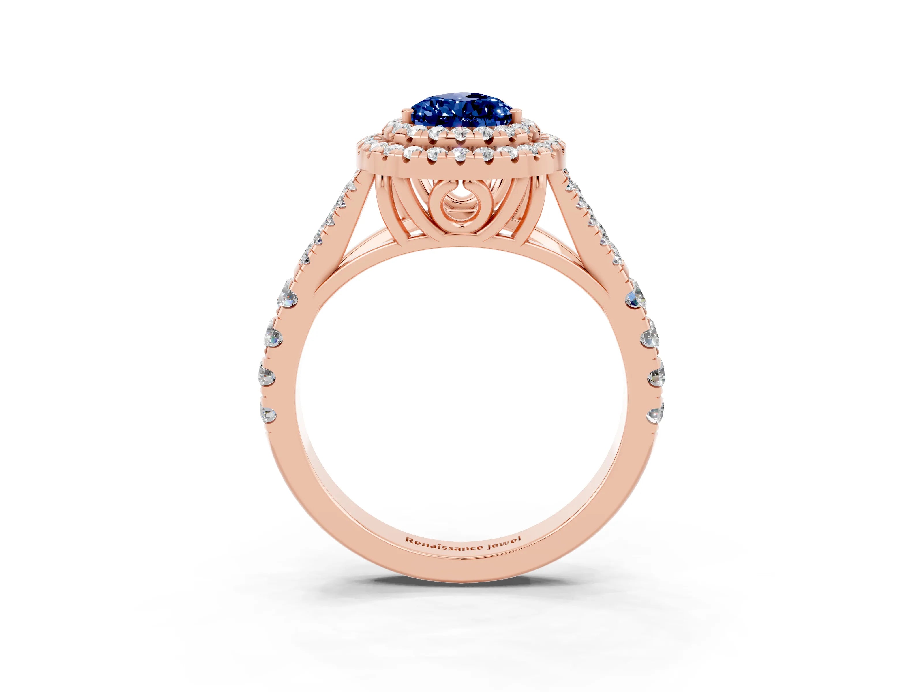 Rose gold Double Halo Pear Cut Blue Sapphire Pavé Split Shank Ring with Prong Setting_3