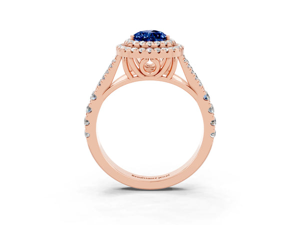 Rose gold Double Halo Pear Cut Blue Sapphire Pavé Split Shank Ring with Prong Setting