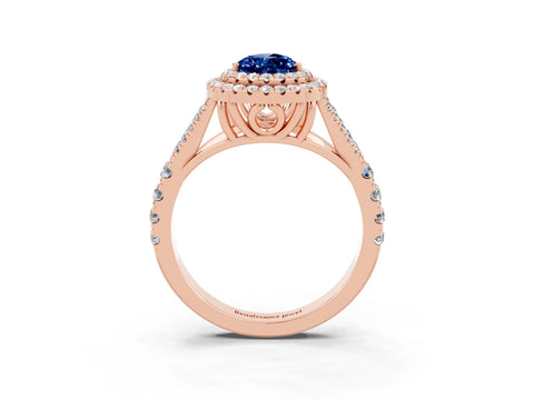 Rose gold Double Halo Pear Cut Blue Sapphire Pavé Split Shank Ring with Prong Setting_3