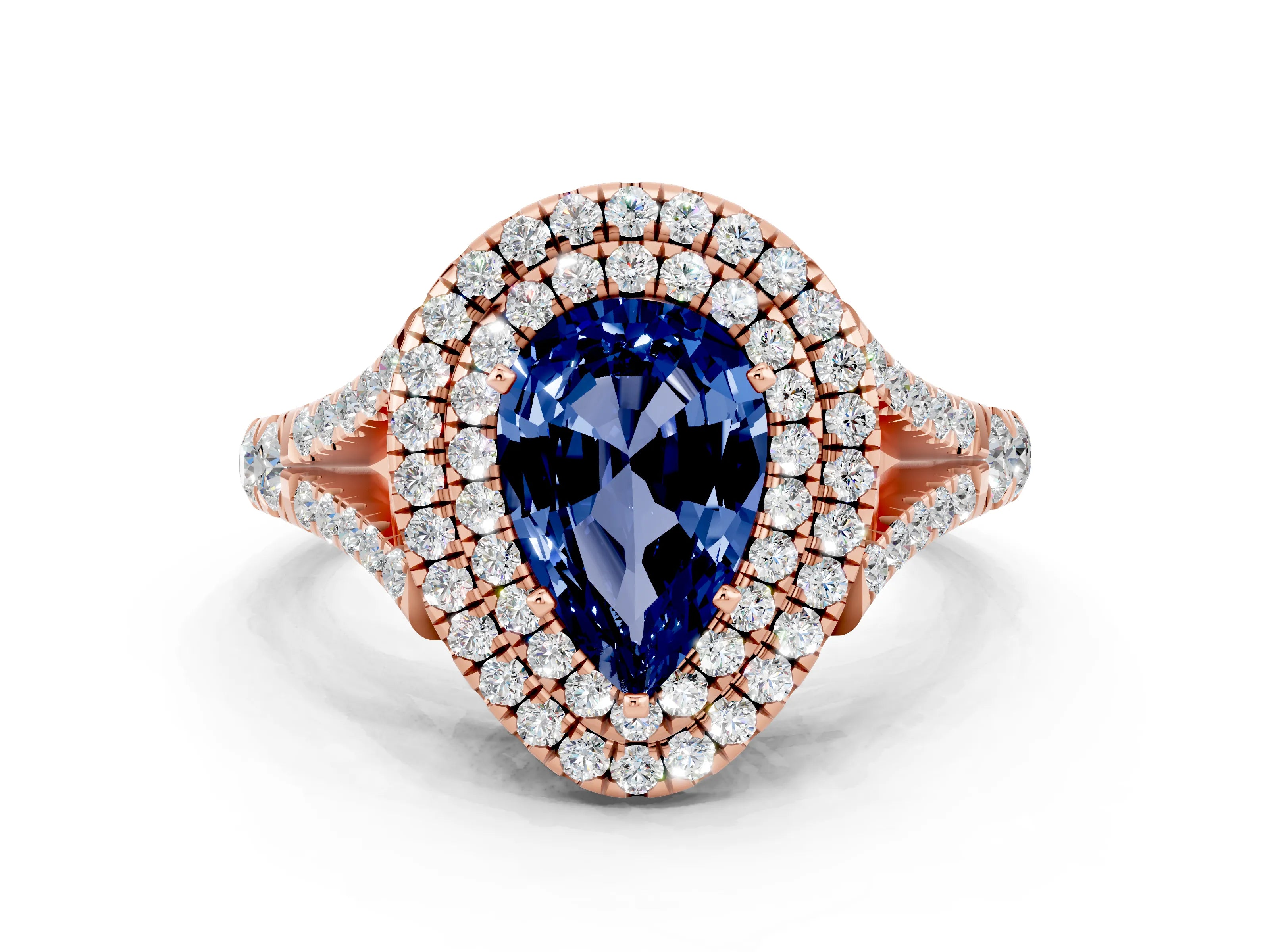 Rose gold Double Halo Pear Cut Blue Sapphire Split Shank Engagement Ring with Four-Prong Setting