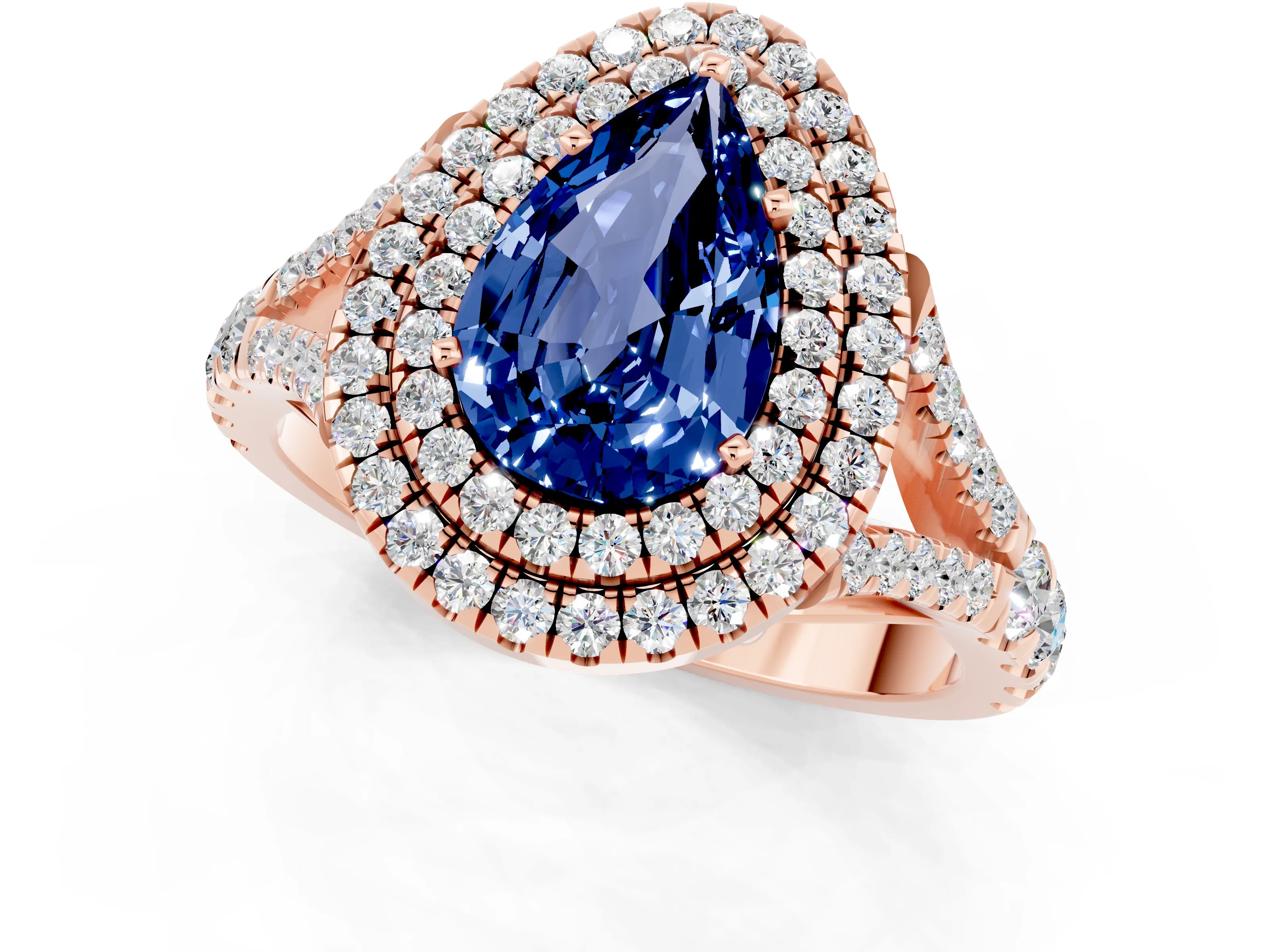 Rose gold Double Halo Pear Cut Blue Sapphire Split Shank Engagement Ring with Four-Prong Setting_1