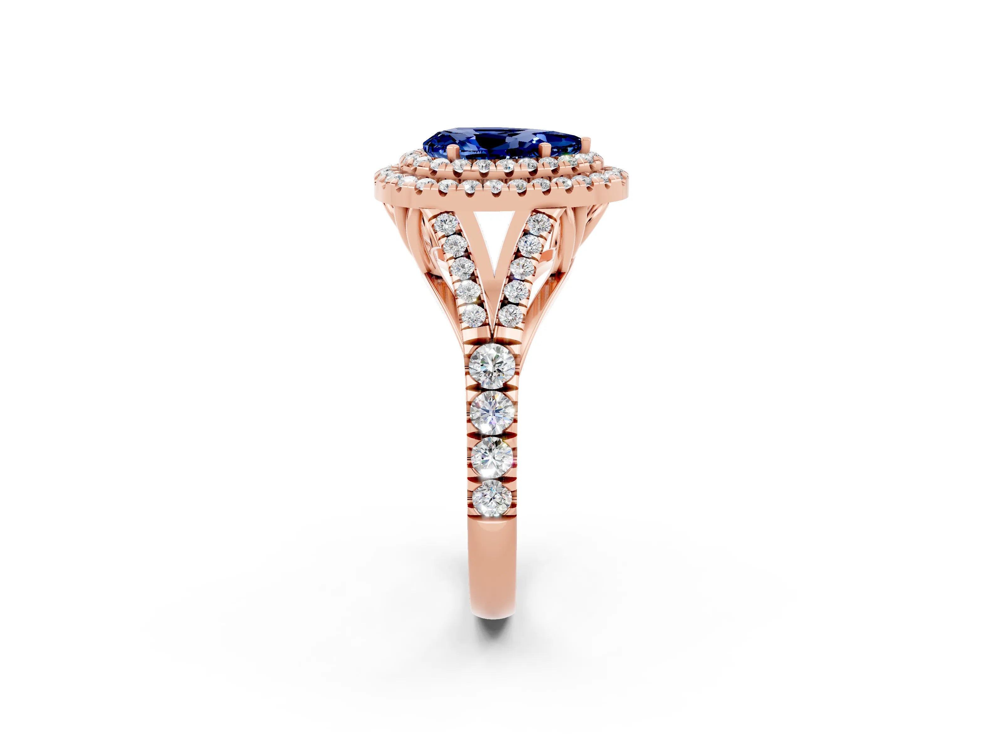 Rose gold Double Halo Pear Cut Blue Sapphire Split Shank Engagement Ring with Four-Prong Setting_2