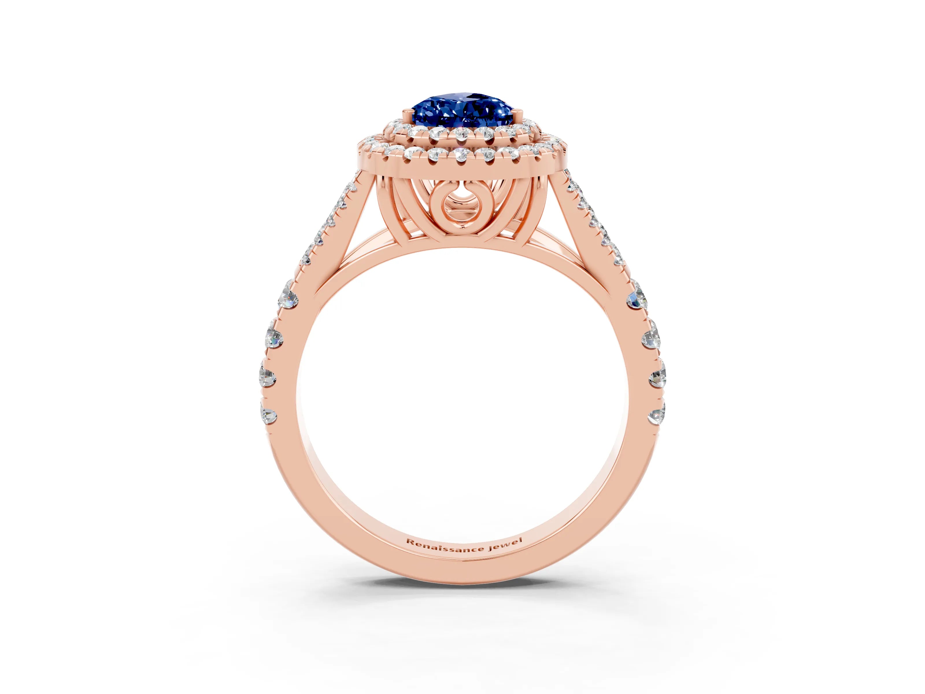 Rose gold Double Halo Pear Cut Blue Sapphire Split Shank Engagement Ring with Four-Prong Setting_3