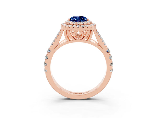 Rose gold Double Halo Pear Cut Blue Sapphire Split Shank Engagement Ring with Four-Prong Setting