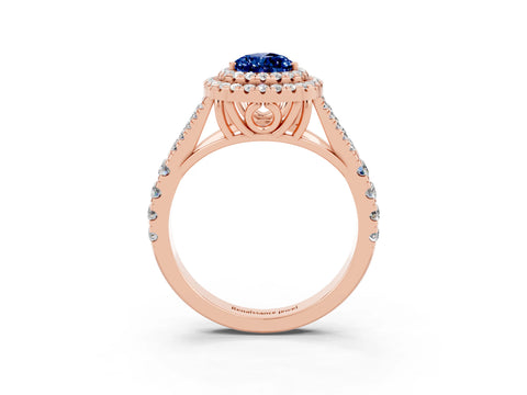 Rose gold Double Halo Pear Cut Blue Sapphire Split Shank Engagement Ring with Four-Prong Setting_3