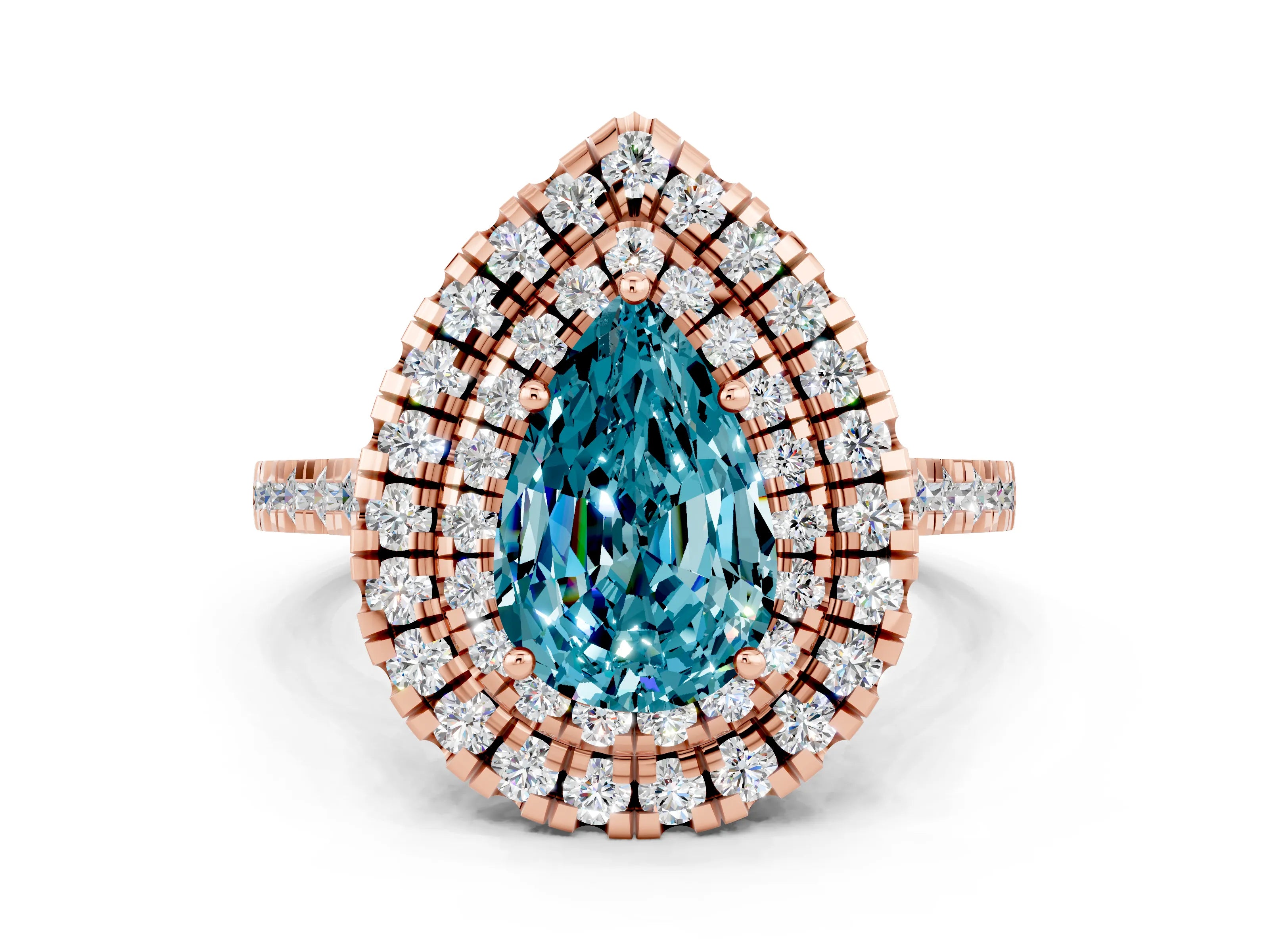 Rose gold Double Halo Pear Cut Blue Topaz Pavé Band with Four-Prong Setting