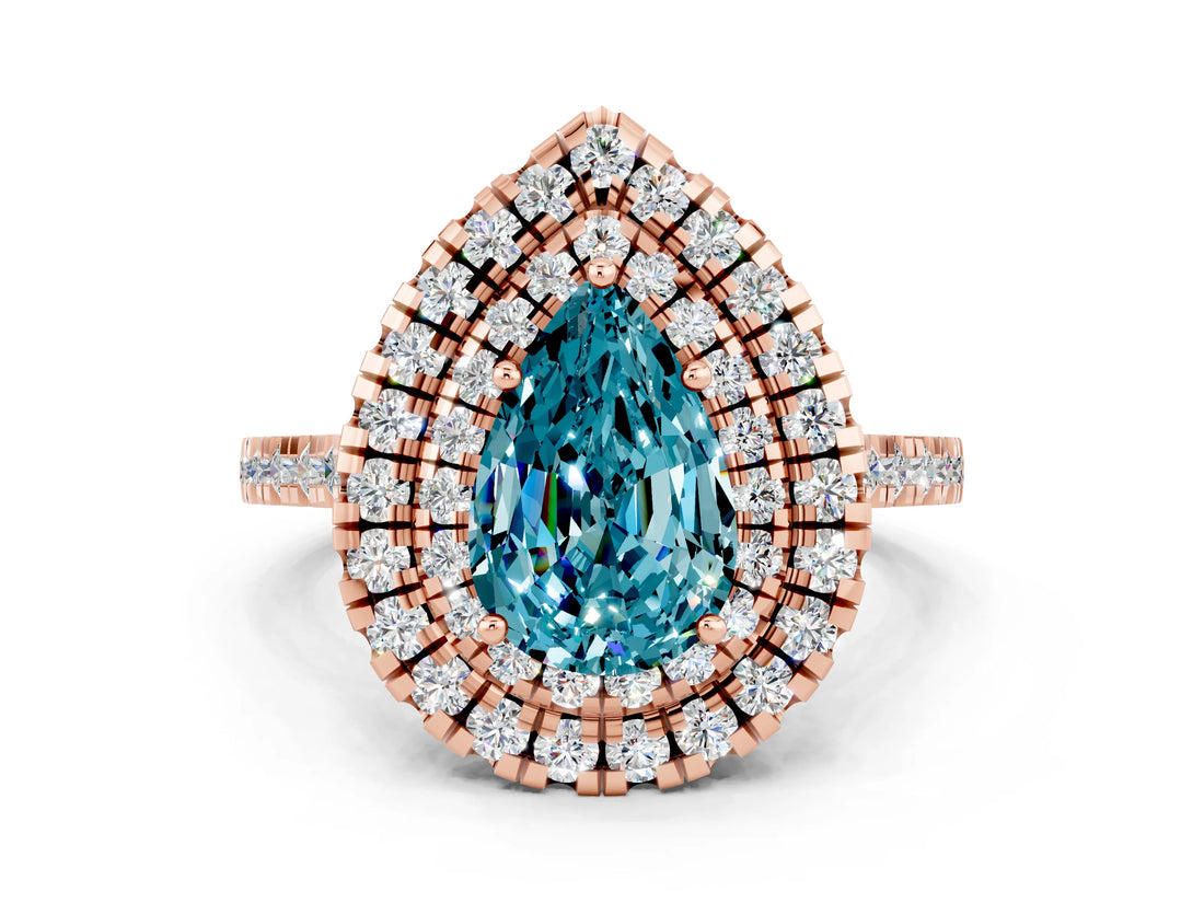 Rose gold Double Halo Pear Cut Blue Topaz Pavé Band with Four-Prong Setting