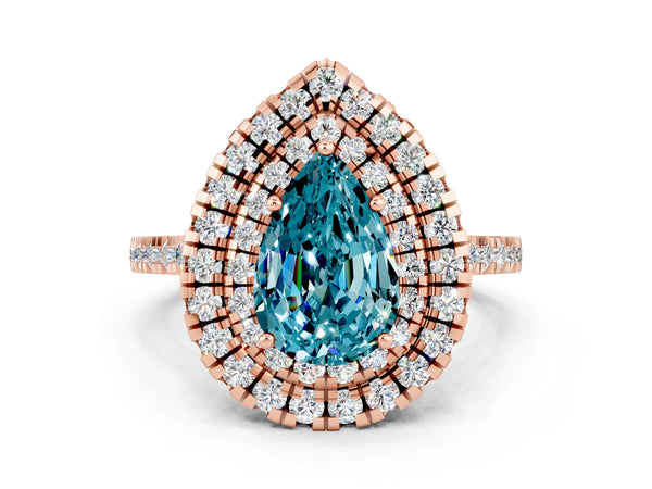 Rose gold Double Halo Pear Cut Blue Topaz Pavé Band with Four-Prong Setting