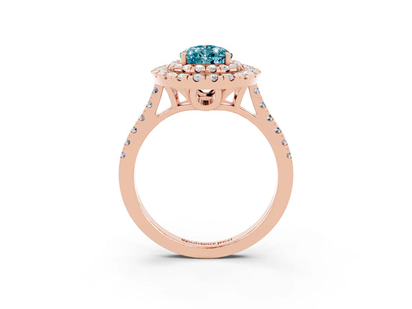 Rose gold Double Halo Pear Cut Blue Topaz Pavé Band with Four-Prong Setting