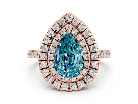 Rose gold Double Halo Pear Cut Blue Topaz Pavé Band with Four-Prong Setting