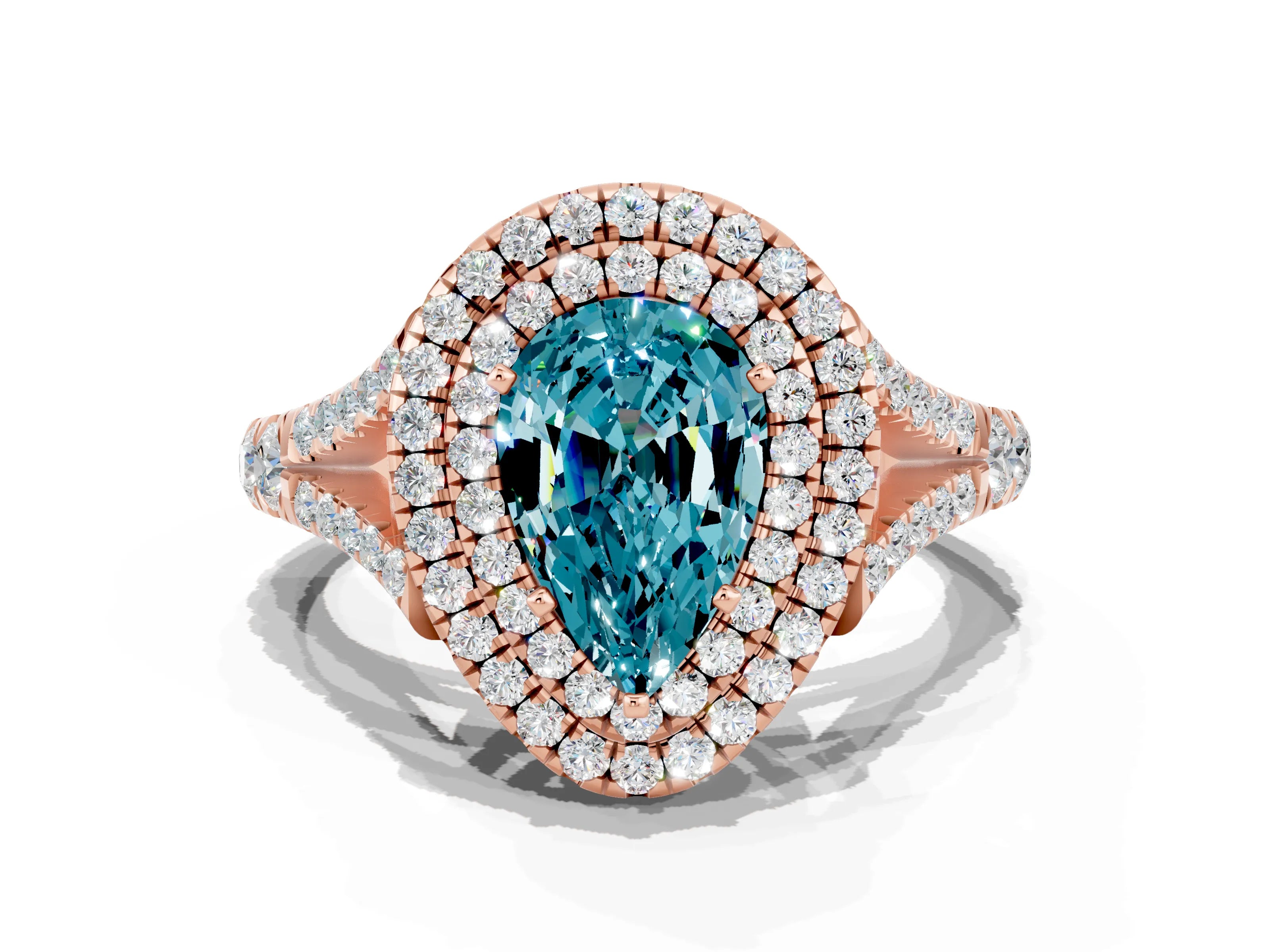 Rose gold Double Halo Pear Cut Blue Topaz Pavé Split Shank Ring with Prong Setting