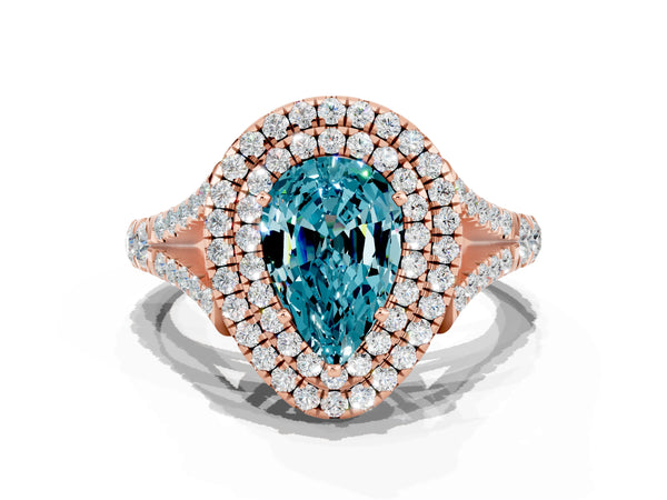 Rose gold Double Halo Pear Cut Blue Topaz Pavé Split Shank Ring with Prong Setting