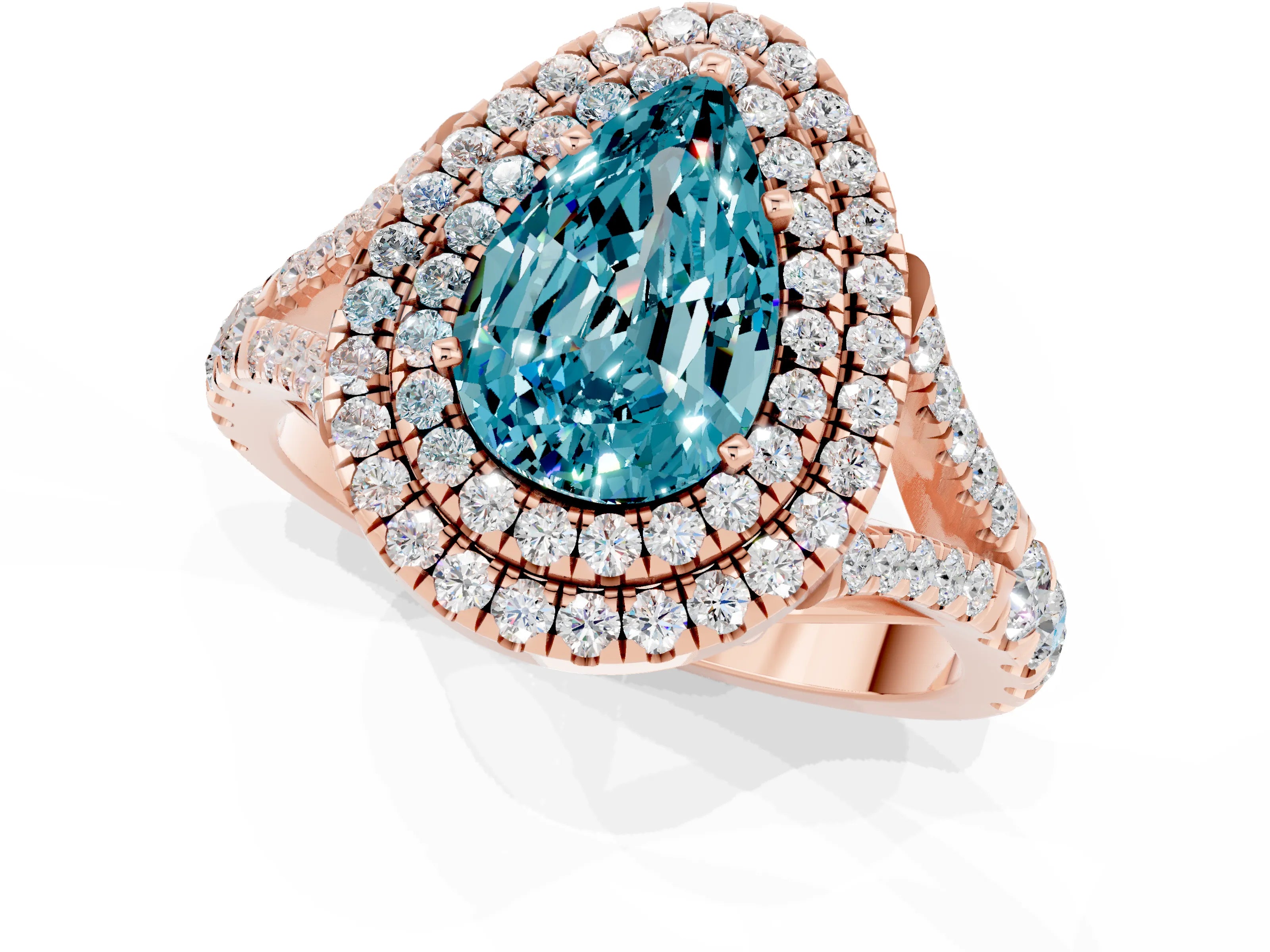 Rose gold Double Halo Pear Cut Blue Topaz Pavé Split Shank Ring with Prong Setting_1