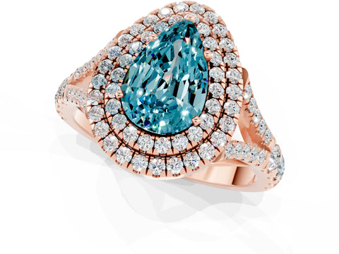 Rose gold Double Halo Pear Cut Blue Topaz Pavé Split Shank Ring with Prong Setting_1