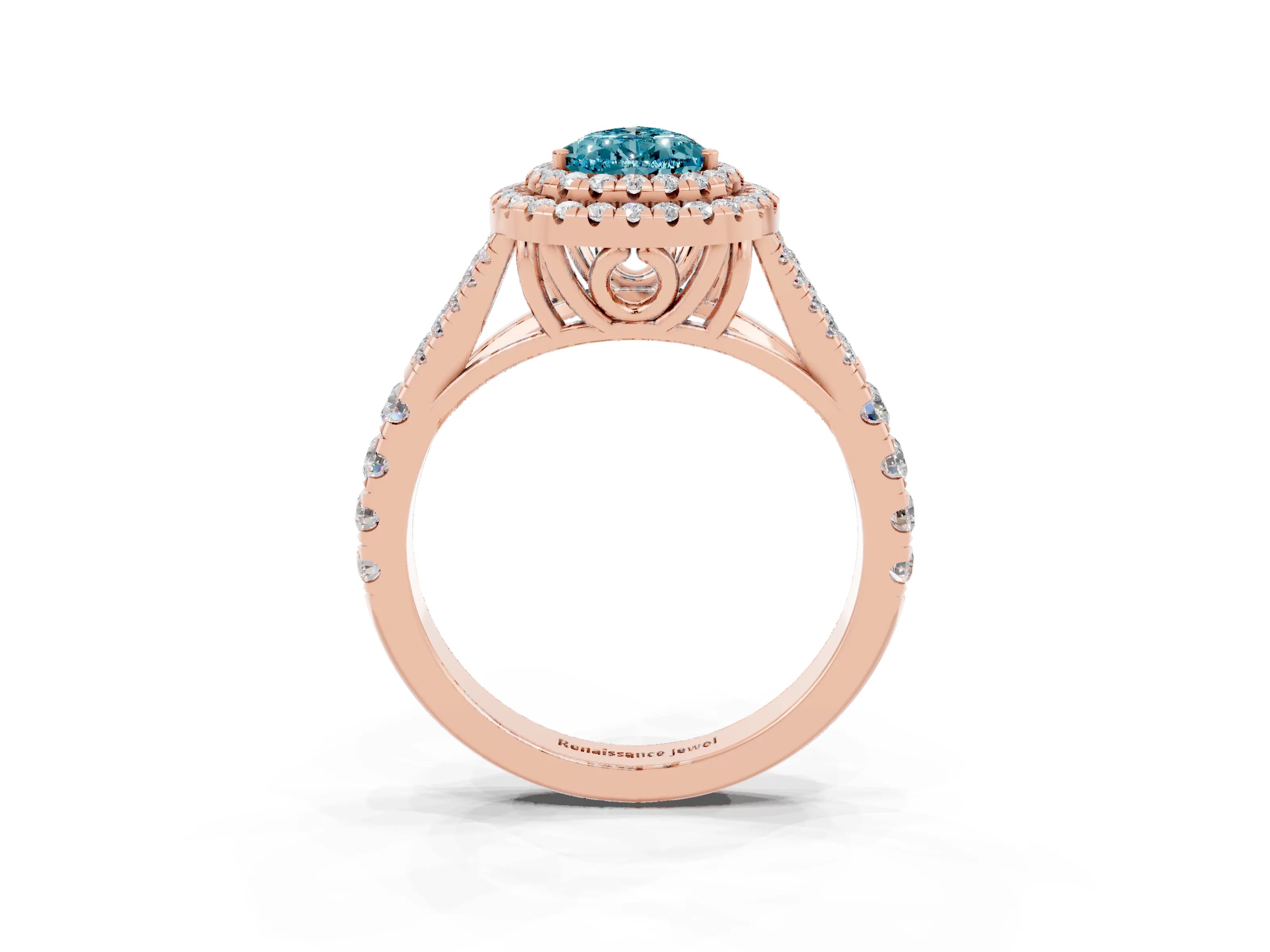 Rose gold Double Halo Pear Cut Blue Topaz Pavé Split Shank Ring with Prong Setting_3