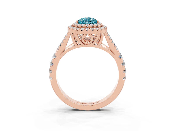 Rose gold Double Halo Pear Cut Blue Topaz Pavé Split Shank Ring with Prong Setting