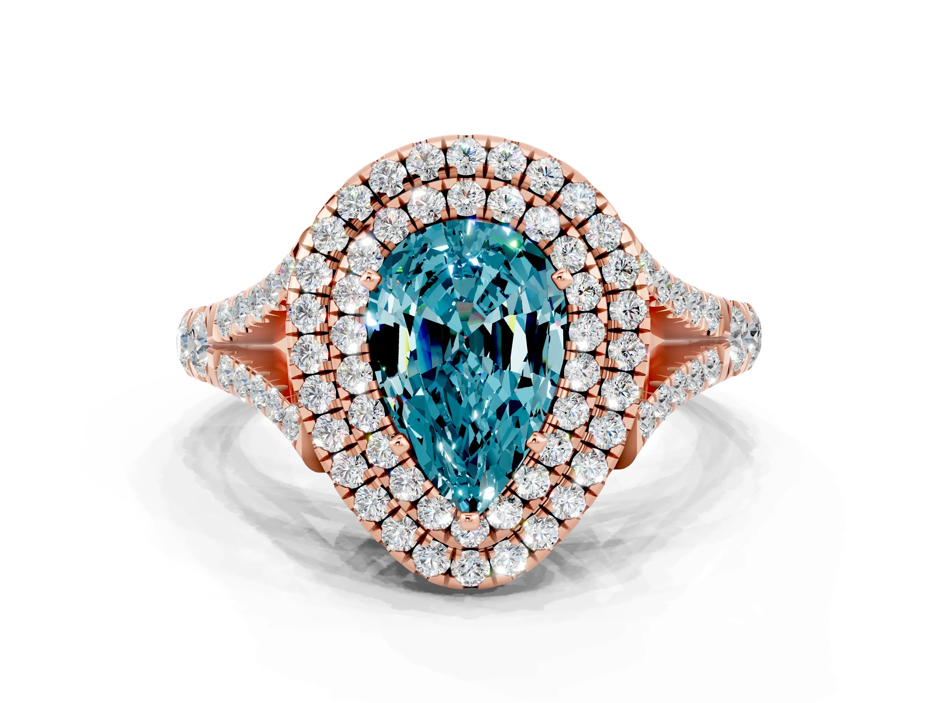 Rose gold Double Halo Pear Cut Blue Topaz Split Shank Engagement Ring with Four-Prong Setting
