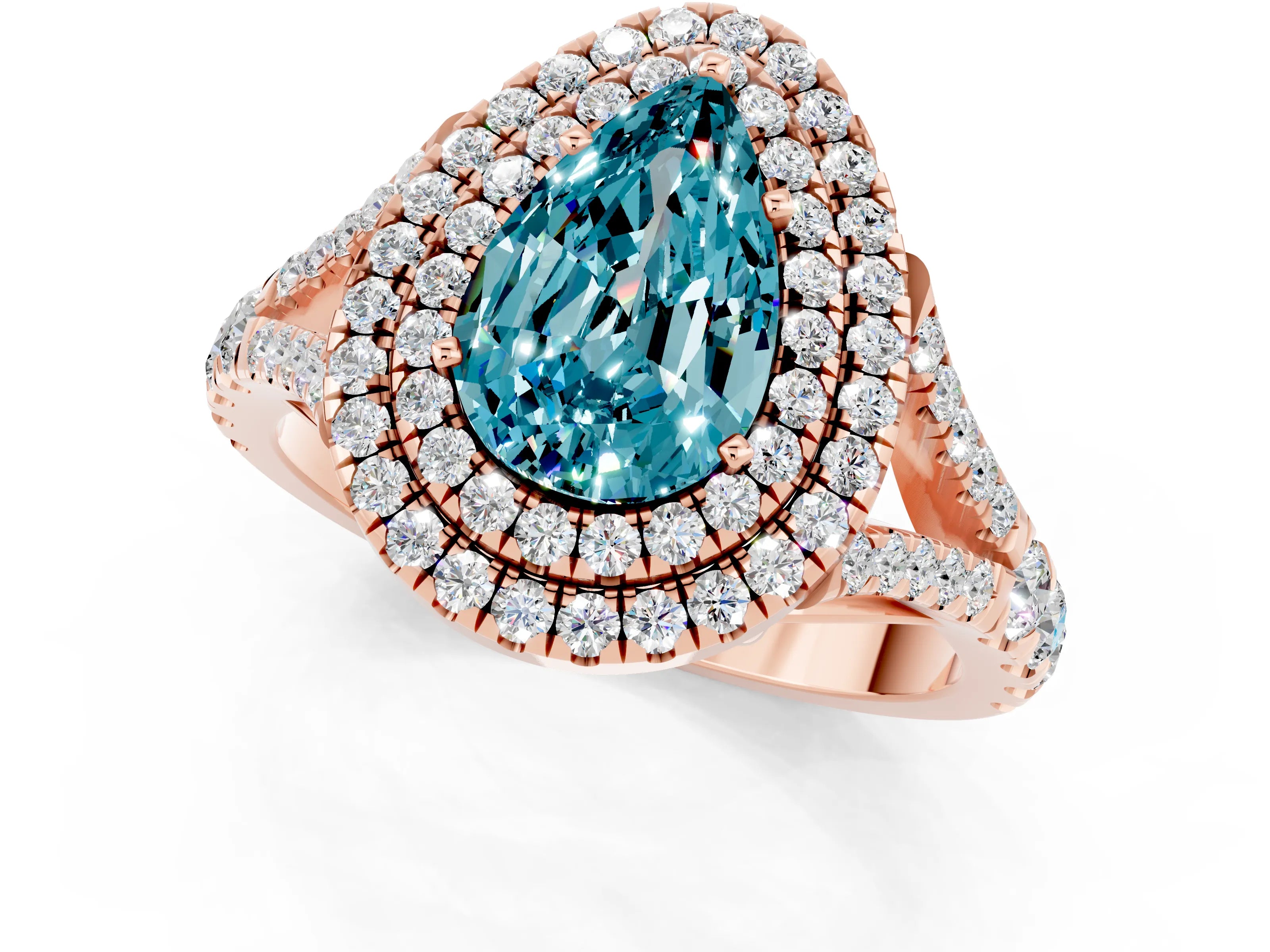 Rose gold Double Halo Pear Cut Blue Topaz Split Shank Engagement Ring with Four-Prong Setting_1