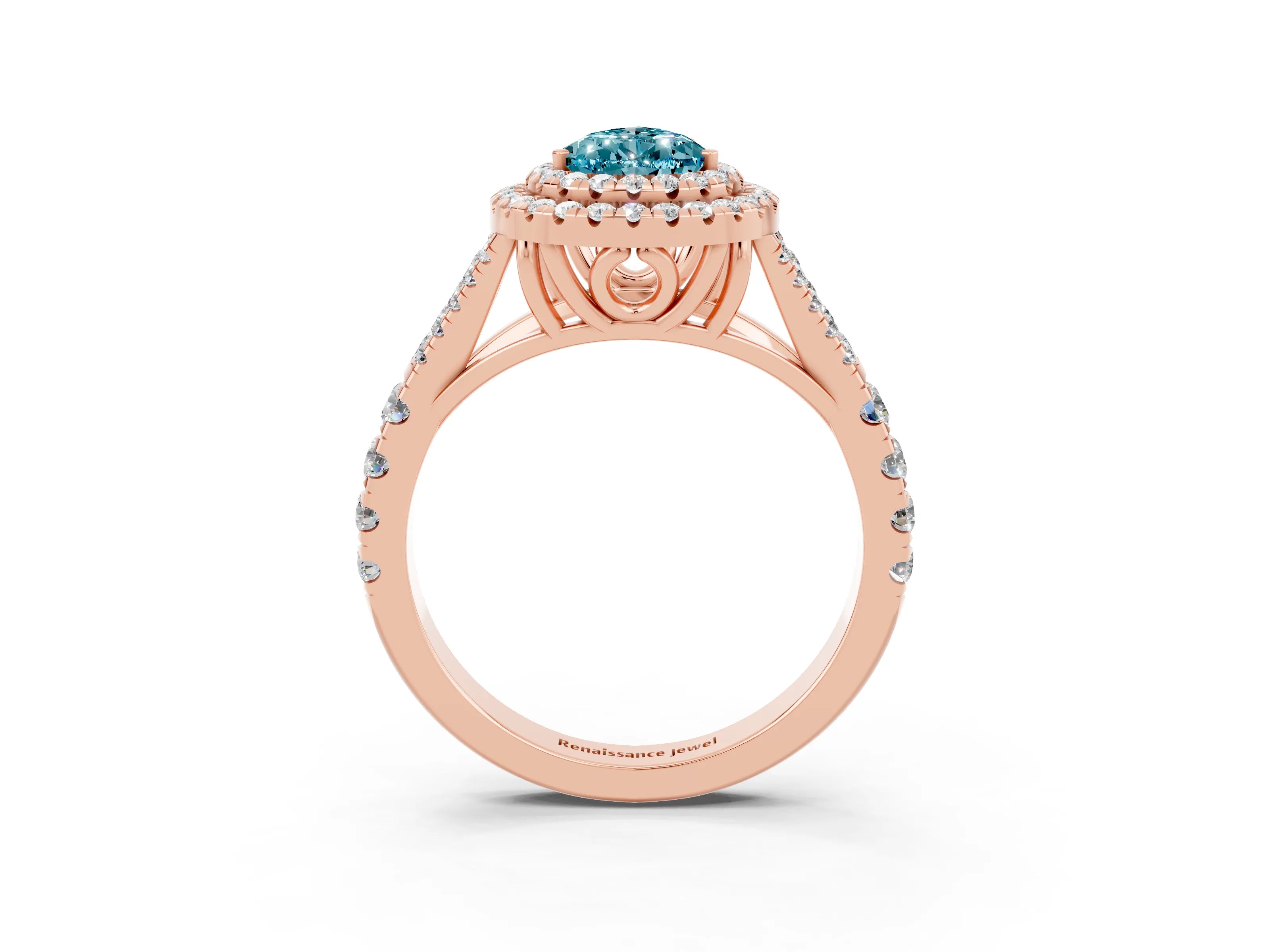 Rose gold Double Halo Pear Cut Blue Topaz Split Shank Engagement Ring with Four-Prong Setting_3