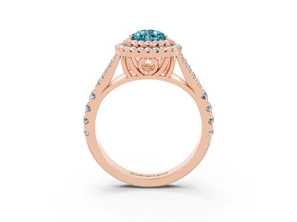 Rose gold Double Halo Pear Cut Blue Topaz Split Shank Engagement Ring with Four-Prong Setting