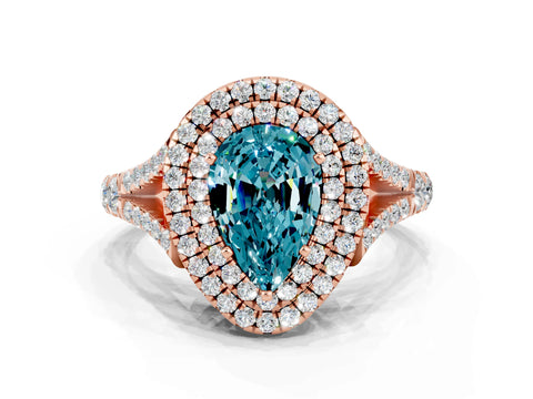 Rose gold Double Halo Pear Cut Blue Topaz Split Shank Engagement Ring with Four-Prong Setting