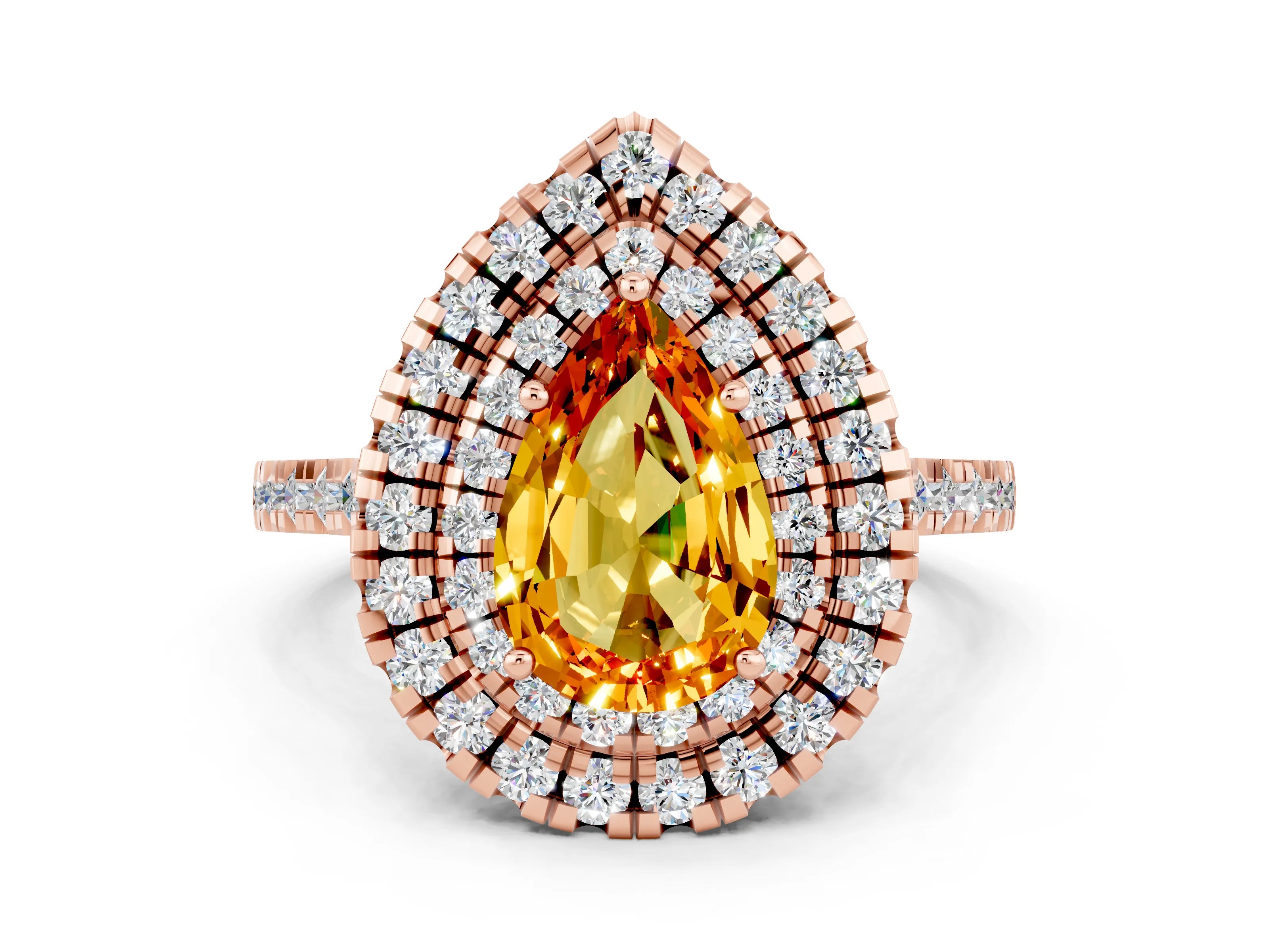 Rose gold Double Halo Pear Cut Citrine Pavé Band with Four-Prong Setting