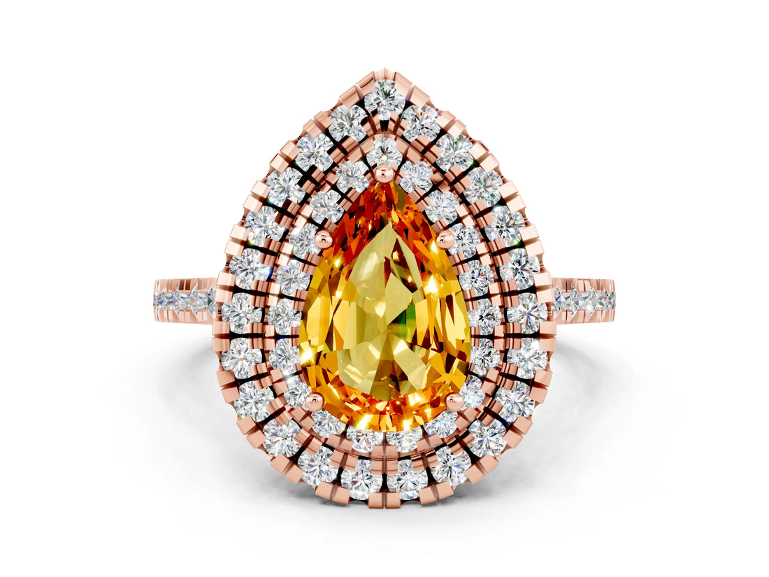 Rose gold Double Halo Pear Cut Citrine Pavé Band with Four-Prong Setting