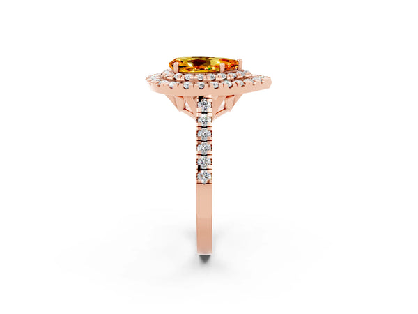 Rose gold Double Halo Pear Cut Citrine Pavé Band with Four-Prong Setting