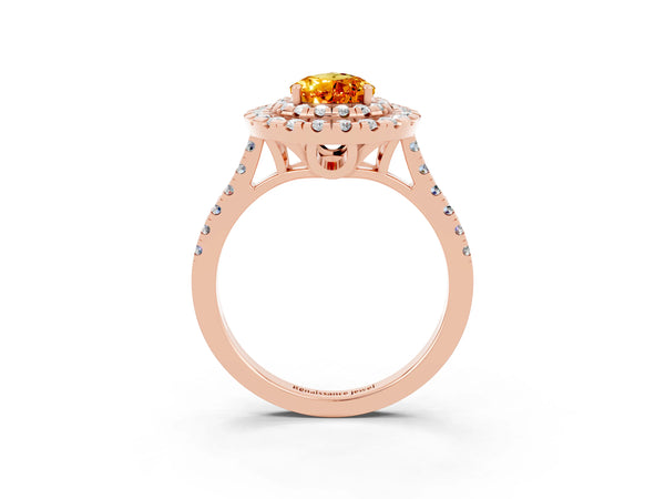 Rose gold Double Halo Pear Cut Citrine Pavé Band with Four-Prong Setting