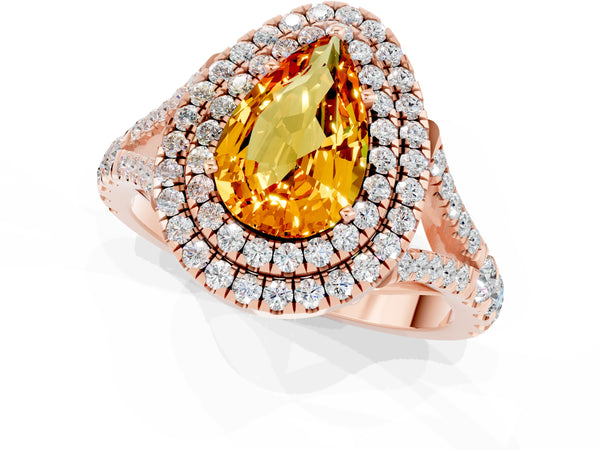 Rose gold Double Halo Pear Cut Citrine Pavé Split Shank Ring with Prong Setting