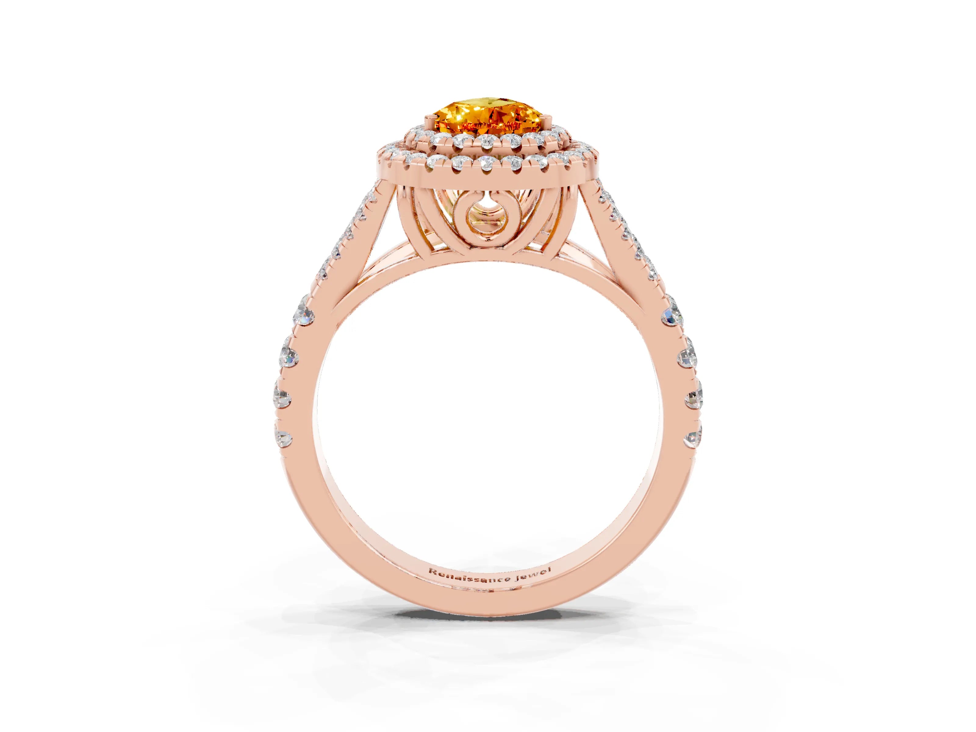 Rose gold Double Halo Pear Cut Citrine Pavé Split Shank Ring with Prong Setting_3