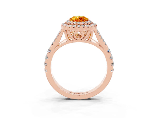 Rose gold Double Halo Pear Cut Citrine Pavé Split Shank Ring with Prong Setting