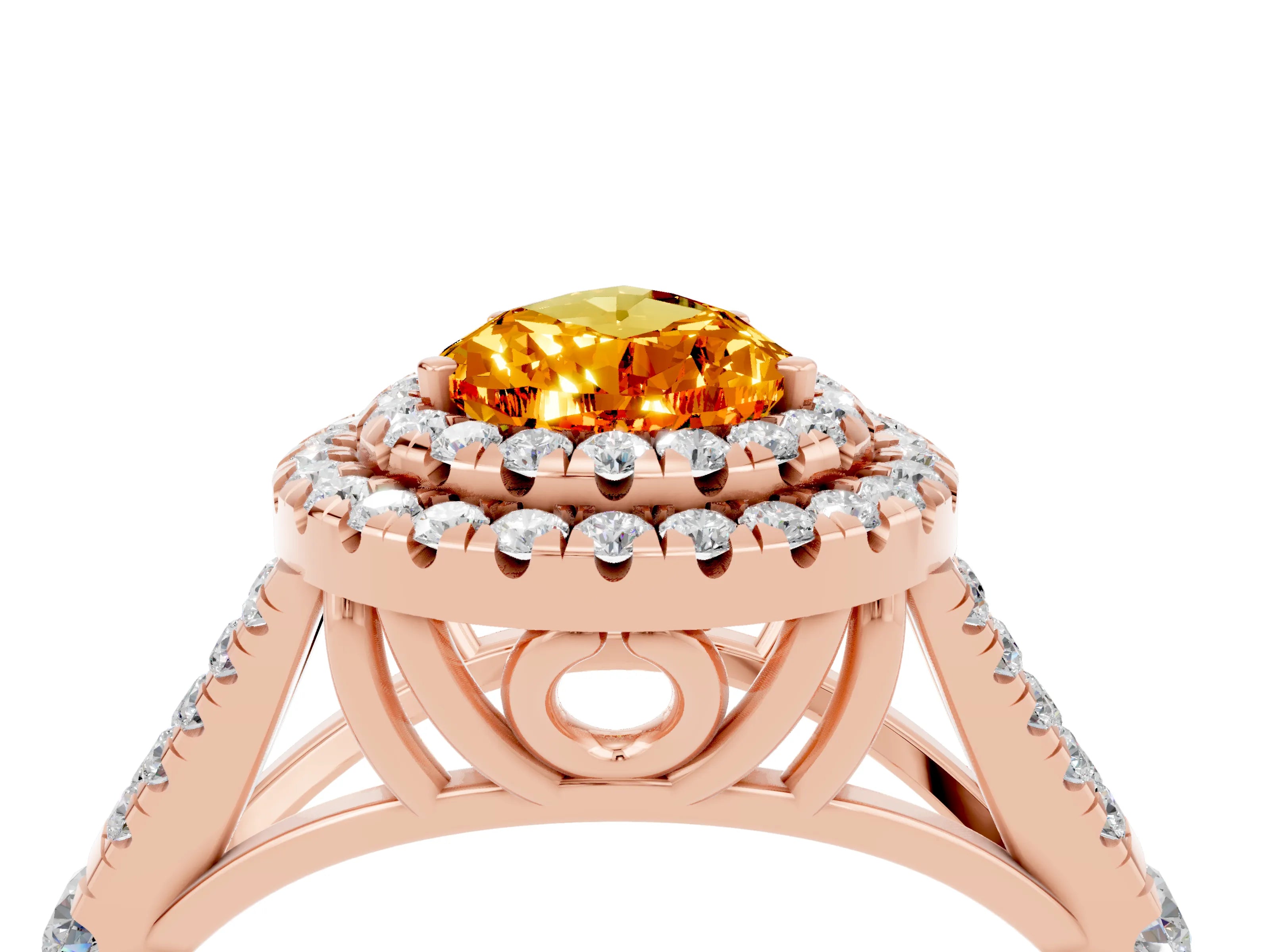 Rose gold Double Halo Pear Cut Citrine Pavé Split Shank Ring with Prong Setting_4