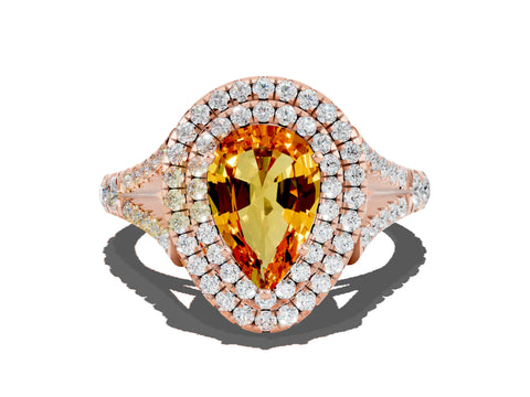 Rose gold Double Halo Pear Cut Citrine Pavé Split Shank Ring with Prong Setting