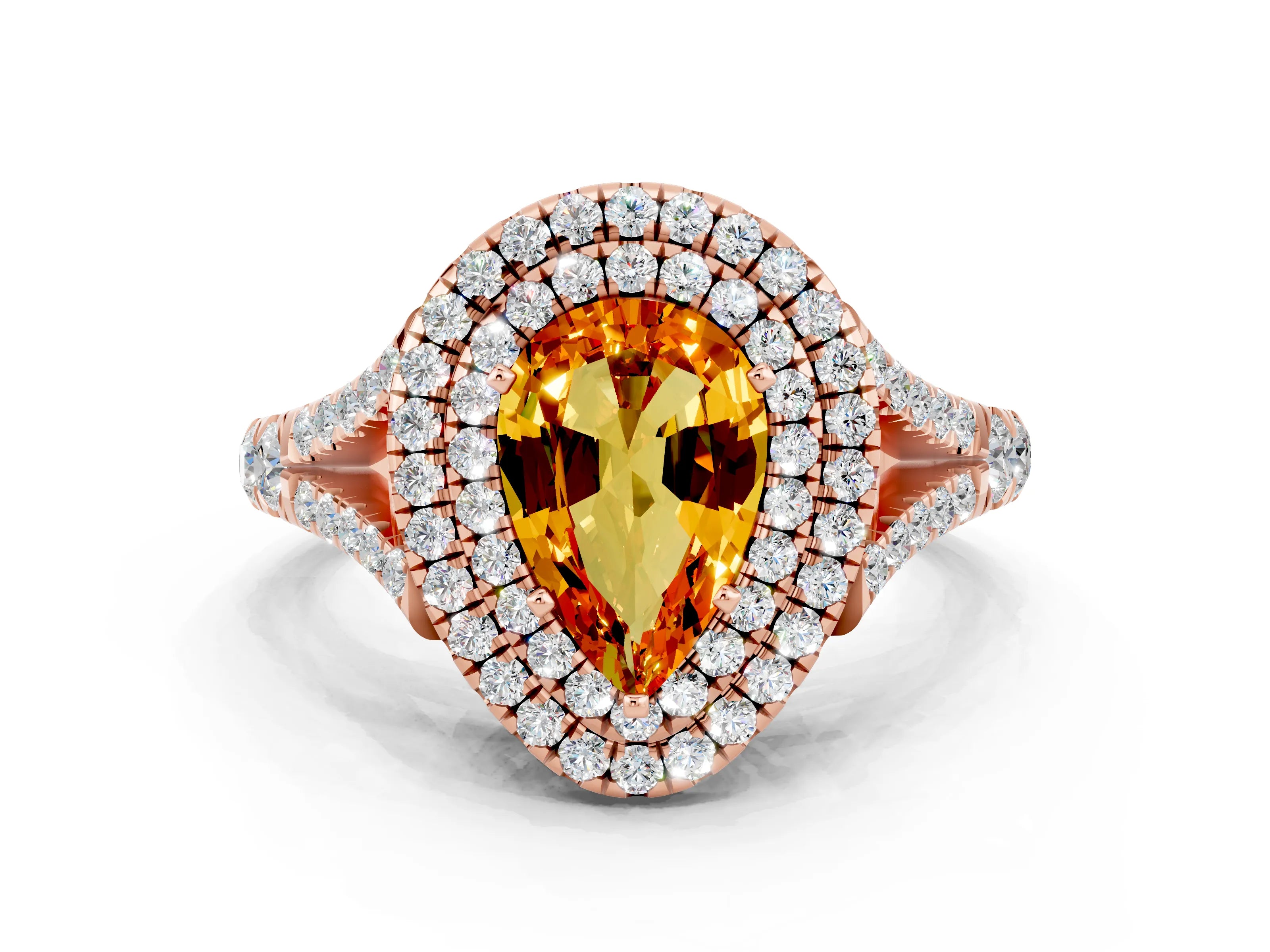 Rose gold Double Halo Pear Cut Citrine Split Shank Engagement Ring with Four-Prong Setting