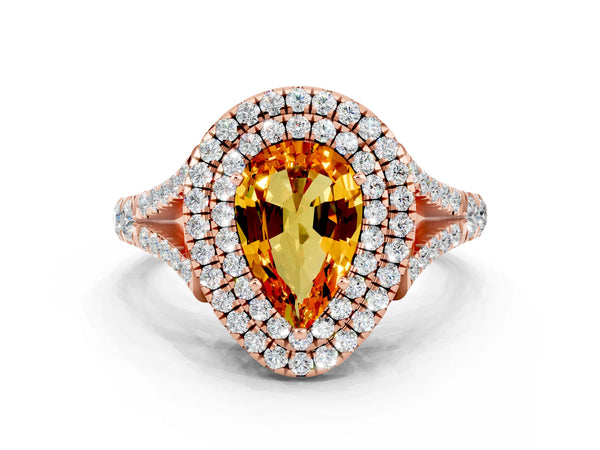 Rose gold Double Halo Pear Cut Citrine Split Shank Engagement Ring with Four-Prong Setting