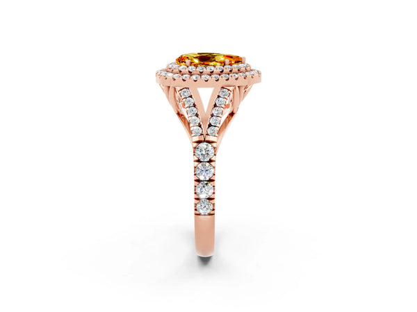 Rose gold Double Halo Pear Cut Citrine Split Shank Engagement Ring with Four-Prong Setting