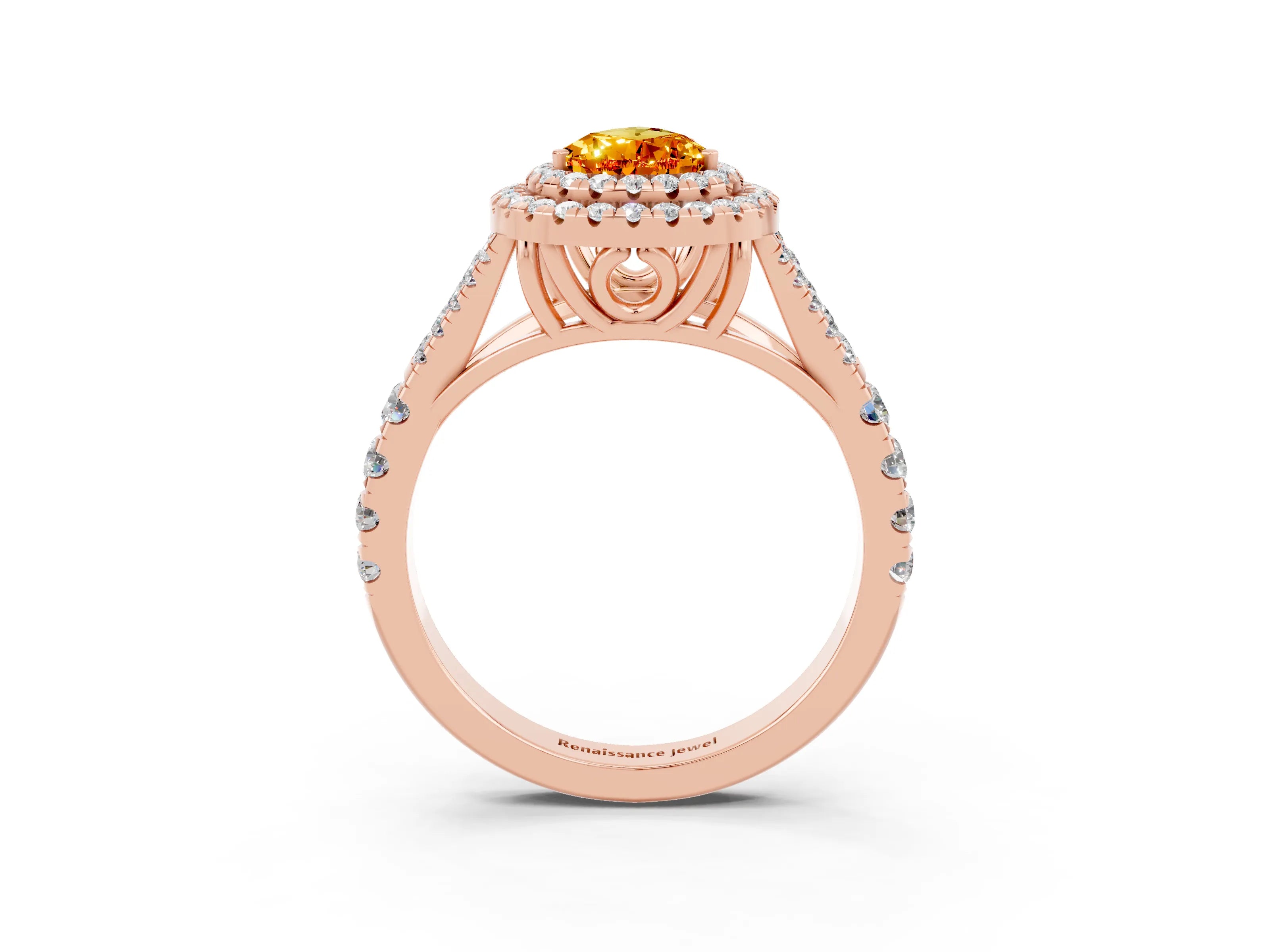 Rose gold Double Halo Pear Cut Citrine Split Shank Engagement Ring with Four-Prong Setting_3