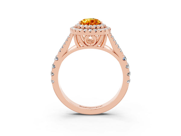 Rose gold Double Halo Pear Cut Citrine Split Shank Engagement Ring with Four-Prong Setting