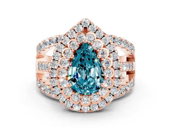 Rose gold Double Halo Pear Cut Diamond Split Shank Pave Set Ring