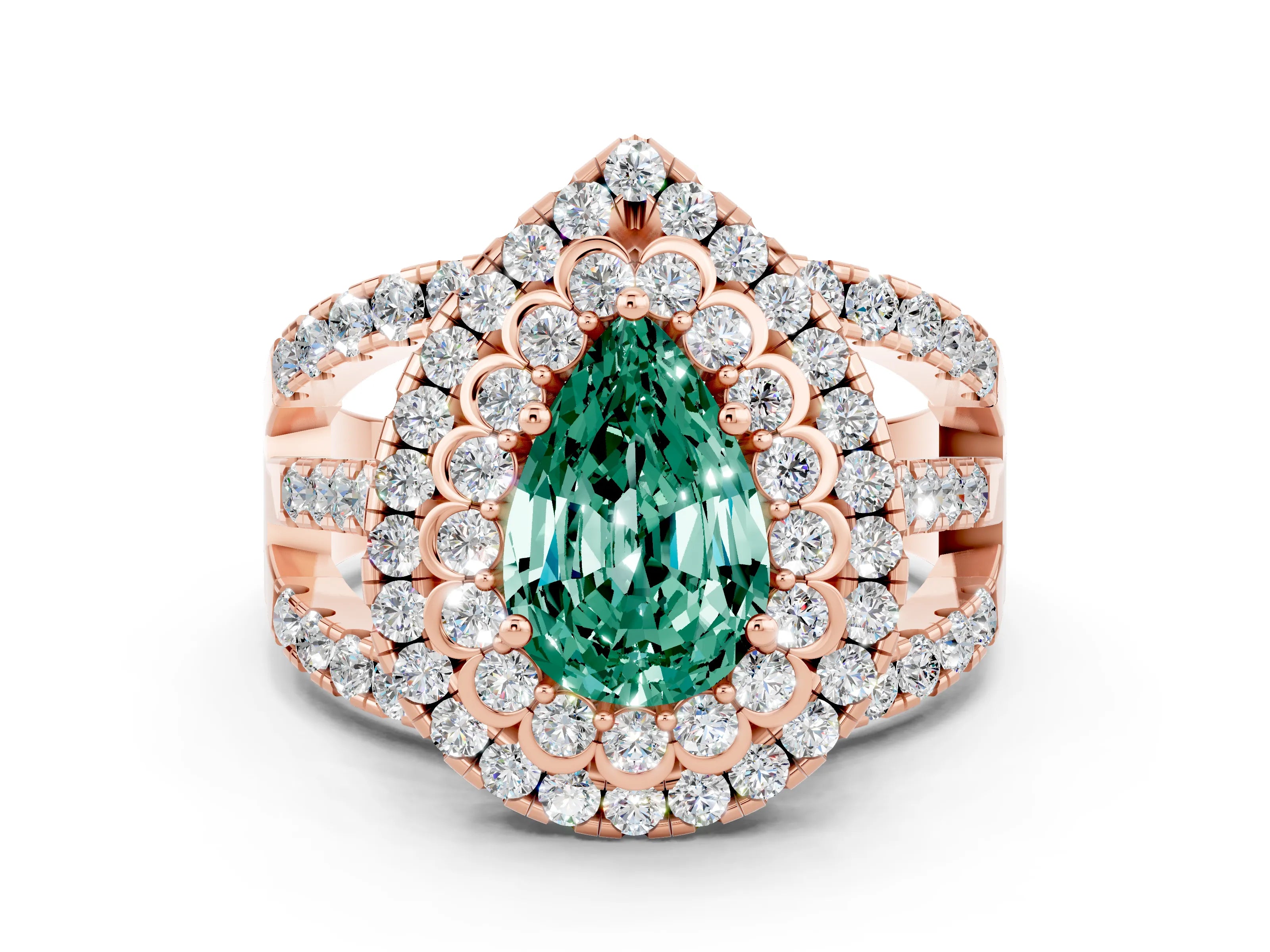 Rose gold Double Halo Pear Cut Diamond Split Shank Pave Set Ring